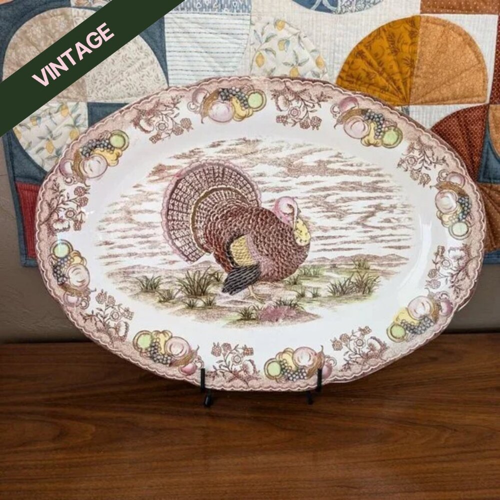 🦃Vintage Large Turkey Ceramic Serving Platter 20"x14" XL MCM Thanksgiving Xmas